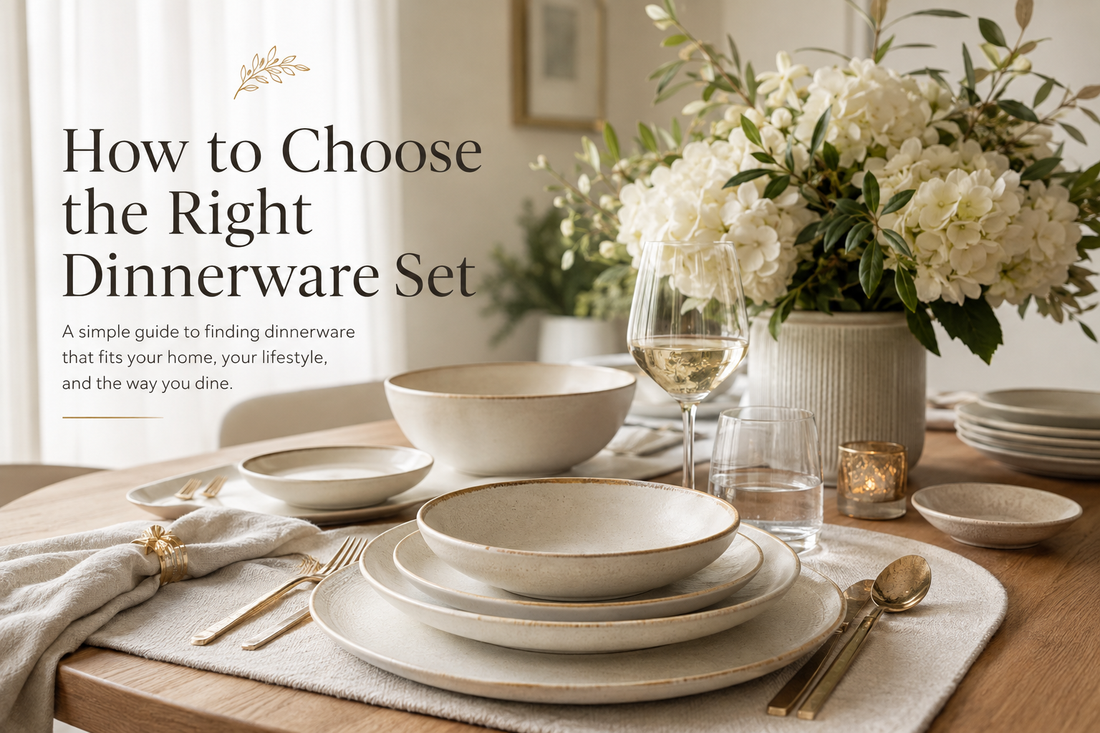 Elegant dinnerware set arranged on a dining table with plates, bowls, glassware, and placemats