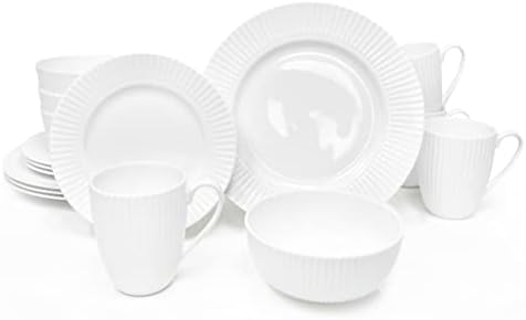 Dinnerware, 16 Piece Set Bone China, Service for 4, White Embossed stripe Dishes, Microwave Safe, Chip Resistant, Dishware, For Formal Casual and Everyday Living, Plates and Bowls Set by GoodDealProduction