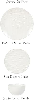 Gibson Elite Oyster Tide Embossed 12 Piece (Service for 4) Plates and Bowls Reactive Glaze Round Dishes Stoneware Ceramic Dinnerware Set, White - Image 2