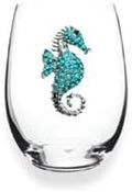 THE QUEENS' JEWELS Blue Seahorse Jeweled Stemless Wine Glass, 21 oz. - Unique Gift for Women, Birthday, Cute, Fun, Not Painted, Decorated, Bling, Bedazzled, Rhinestone