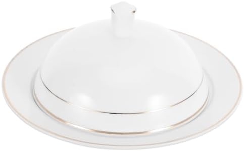 8 Inch White Ceramic Serving Platter with Dome Lid Round Porcelain Dinner Plate for Steak Dessert Appetizer Cloche Food Cover with Gold Rim for Fine Dining Table by DOITOOL