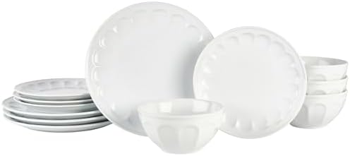 Fitz and Floyd Everyday Vintage Scalloped Porcelain 12 Piece Dinnerware Plate Bowl Set, Service for 4 by FitzandFloyd