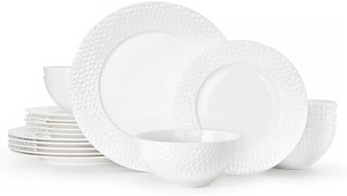 KINGSTONE 18Pcs Hammered Rim White Bone China Set, Service for 6 by KINGSTONE