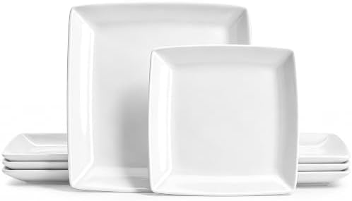 Porcelain Square Dinner Plates, 10.75 & 8.4 Inch White Plate Set of 8 by Yedio