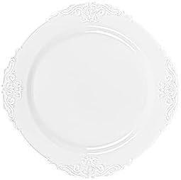 PLASTICPRO 64 Pack Elegant Disposable Plastic Plates Combo Set Includes 32 Dinner Plates and 32 Salad Heavy Duty Fancy Party Plates White Embossed Victorian Design - Image 7