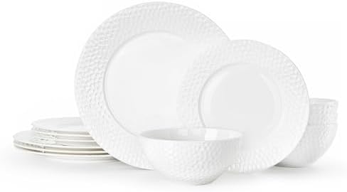KINGSTONE 12Pcs Hammered Rim White Bone China Set, Service for 4 by KINGSTONE