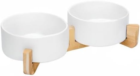 SPUNKYJUNKY Ceramic Dog and Cat Bowl with Wood Stand Non-Slip Matte Glaze Weighted Food Water Set for Cat Medium Dog 28.7 OZ