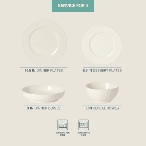 Gibson Home Melbourne White Plates and Bowls Set, 16 Piece Embossed Ceramic Dinnerware Set - Service for 4 Dishes - With Pasta Bowl - Image 2