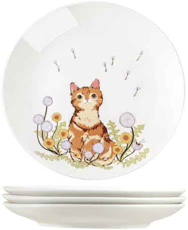 Colias Wing 8 Inch Cat and Flower Pattern Stylish Design Ceramic Salad/Pasta/Fruit/Appetizer/Dessert Dishes Holiday Plates Christmas Dinner Plates-Set of 4-4 Cats-8 Inch - Image 2