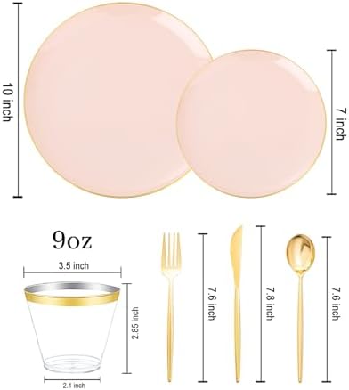 bUCLA 150PCS Pink Plastic Plates - Pink and Gold Disposable Include 25 Each (Dinner & Dessert) Plates, 25 Knives, 25 Forks, 25 Spoons and 25 Cups, Ideal for Party & Wedding - Image 3