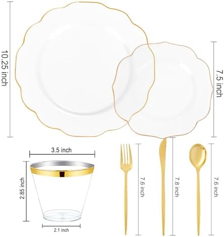 bUCLA 180PCS Clear Plastic Plates with Gold Trim - Clear Gold Plastic Dinnerware Include 30 Dinner & Dessert Plates, 30 Knives, 30 Forks, 30 Spoons and 30 Cups for Party - Image 2