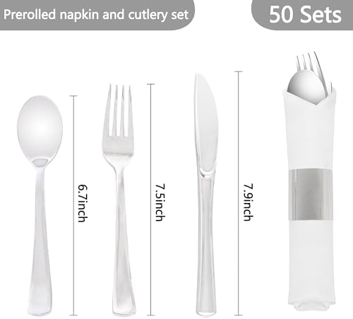 50 Pack Pre Rolled Silver Plastic Silverware Set with Napkins - Image 2