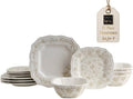 222 Fifth 12-Piece Porcelain Dinnerware Set for 4, Glossy Cream Plates and Bowls Set with Taupe Flowers, Elegant Square Ceramic Dish Set, Kitchen Tableware, Microwave & Dishwasher Safe, Batik Toile by 222Fifth