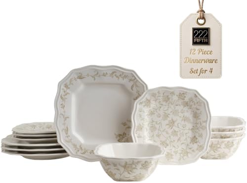 222 Fifth 12-Piece Porcelain Dinnerware Set for 4, Glossy Cream Plates and Bowls Set with Taupe Flowers, Elegant Square Ceramic Dish Set, Kitchen Tableware, Microwave & Dishwasher Safe, Batik Toile by 222Fifth