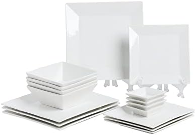 Porlien Off-White Porcelain Dinnerware Set (16 Piece Dinnerware Set), Square Dishes Set for 4 Persons, Chip Resistant Dinnerware Set, Square Plates and Bowls Sets, Durable Everyday Dishes by Porlien