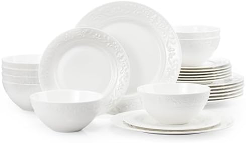 KINGSTONE 24Pcs Vintage Relief White Bone China Set, Service for 8 by KINGSTONE