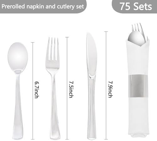 75 Pack Pre Rolled Silver Plastic Silverware Set with Napkin - Image 2