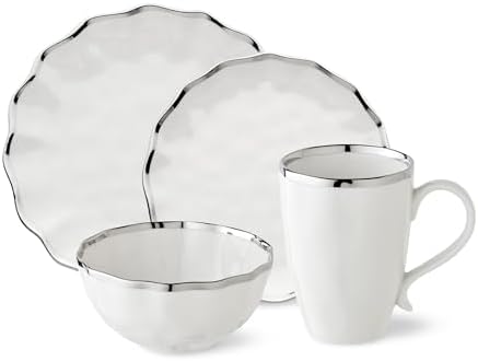Regency Silver 16-Piece Porcelain Dinnerware Set – Elegant Silver-Trimmed Plates, Bowls & Mugs – Service for 4 – Durable, Dishwasher-Safe Tableware for Everyday Dining & Special Occasions - Image 2