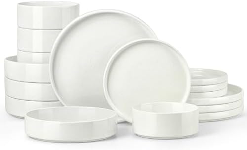 Stoneware Dinnerware Sets for 4 with Pasta Bowl, Onader 16 Piece Plates and Bowls Dish Set, Speckled Kitchen Dishware Dining Ware, Microwave & Dishwasher Safe - Cloud White by Onader