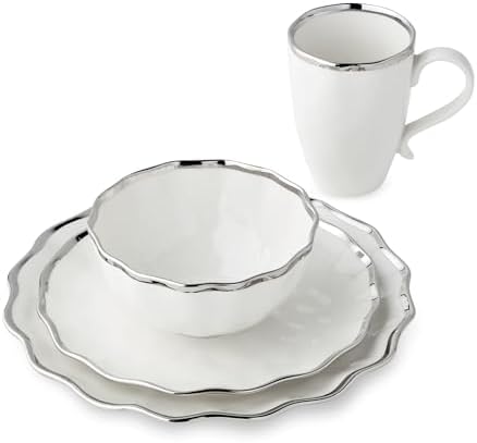 Regency Silver 16-Piece Porcelain Dinnerware Set – Elegant Silver-Trimmed Plates, Bowls & Mugs – Service for 4 – Durable, Dishwasher-Safe Tableware for Everyday Dining & Special Occasions - Image 3
