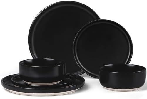 LIANYU Plates and Bowls Sets for 2, 6 Piece Stoneware Dinnerware Set, Porcelain Dishware for Kitchen and Dining, Microwave Oven Dishwasher Safe, High temperature & Scratch Resistant, Matte Black by LIANYU