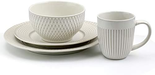 Elama Market Finds 16 Piece Round Stoneware Dinnerware Set in Embossed White - Image 3