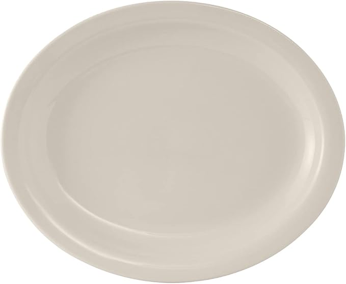 Tuxton China TNR-914 Platter, 13-3/4" x 11-1/4", Oval, Narrow Rim, Microwave and Dishwasher Safe, Oven Proof, Fully Vitrified, Ceramic, Nevada, American White/Eggshell, Pack of 12