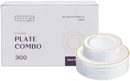SETUP Case of 300 White Gold Rimmed Plastic Plates - Premium Heavy-Duty Disposable Plates for Wedding and Party, 150 10.25" Dinner and 150 7.5" Salad Plates by SETUP