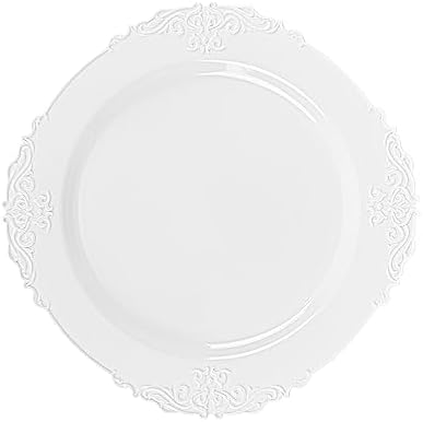 PLASTICPRO 128 Pack Elegant Disposable Plastic Plates Combo Set Includes 64 Dinner Plates and 64 Salad Heavy Duty Fancy Party Plates White Embossed Victorian Design - Image 6