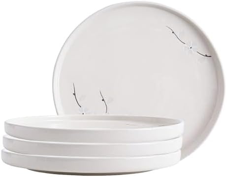 Ceramic Appetizer & Dessert Plates, 8-Inch Round Serving Plates (4-Pack, White Flowers) by DealbyBox