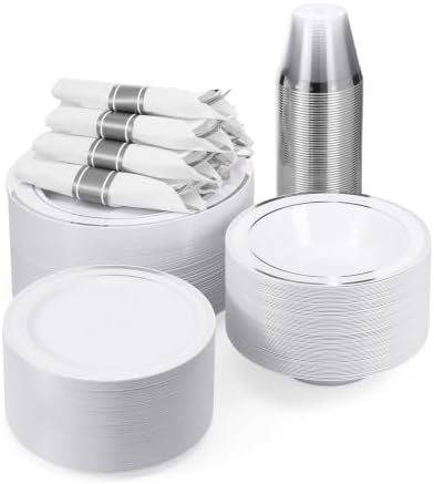 Goodluck 400 Piece Silver Plastic Dinnerware Set for 50 Guests by GoodLuck