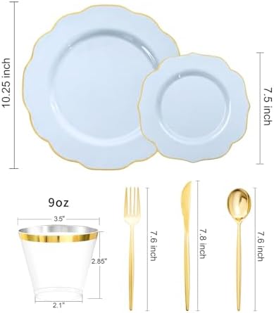 bUCLA 180PCS Blue Plastic Plates - Disposable Light Blue with Gold Rim - Include 30 Each (Dinner & Salad) Plates, 30 Knives, 30 Forks, 30 Spoons, 30 Cups for Party, Party, Birthday & Shower - Image 3