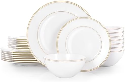 KINGSTONE 24Pcs Gold Trim White Bone China Set, Service for 8 by KINGSTONE