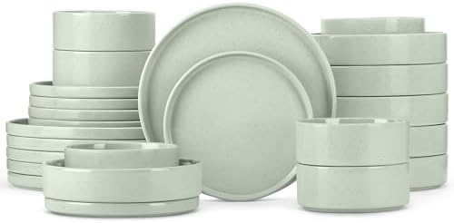 Herogo 24 Piece Plates and Bowls Set, Kitchen Dinnerware Sets with Pasta Bowls, Dinner Ware Dishes Service for 6, Chip & Scratch Resistant Porcelain Kitchen Dishware, Speckled Light Green by Herogo