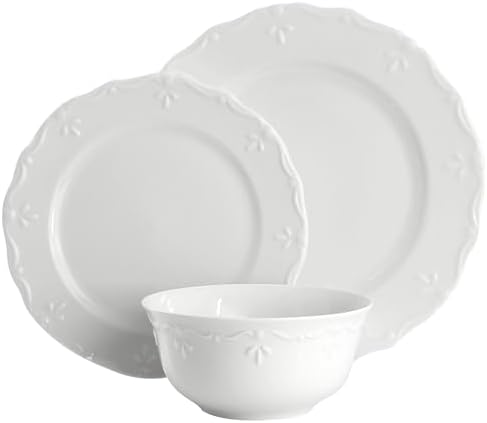 Elama Henryi 18 Piece Embossed Rim Detail Porcelain White Dinnerware Set, Tableware Set, Serveware (18 Piece) - Image 2