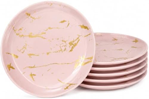 7.5-Inch Ceramic Salad Plates Set of 6, Pink and Gold Marble by Loymokinar