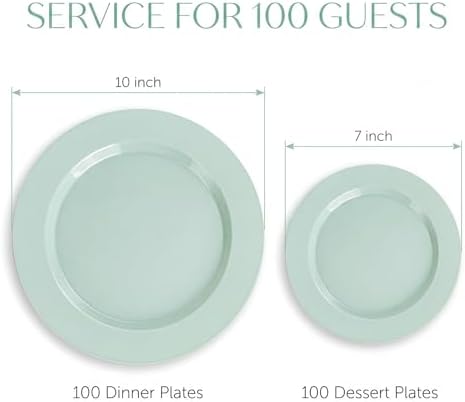 FLOWERCAT 200PCS Sage Green Plastic Plates Disposable Plates for Party - Elegant Plastic Plates - 10" &7" Plate for 100 Guests Parties & Wedding & Events - Image 2