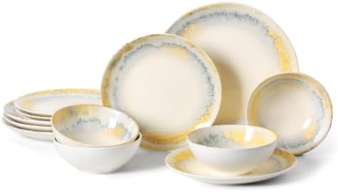 DOMICREVERY Ceramic Dinnerware Sets for 4, 12 pcs Plates and Bowls Sets by Unknown