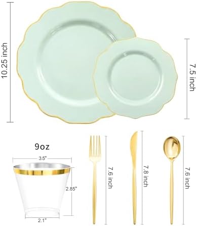 bUCLA 180PCS Green Plastic Plates - Disposable Sage Green with Gold Rim - Include 30 (Dinner & Dessert) Plates, 30 Knives, 30 Forks, 30 Spoons and 30 Cups for Party, Spring & Shower - Image 2