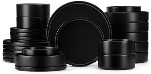 Herogo Dinnerware Sets with Pasta Bowls for 6, 24 Piece Dinner Salad Plates and Cereal Serving Bowls, Stoneware Dishes Dinner Ware for Home Kitchen, Dishwasher & Microwave Safe, Matte Black by Herogo
