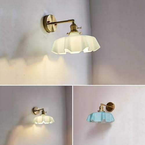 Vintage Milk Glass Wall Sconce - Mid Century Flower Design Hardwired Light with Straight Arm, Gold Finish for Bedroom, Hallway, Living Room, Farmhouse Decor
