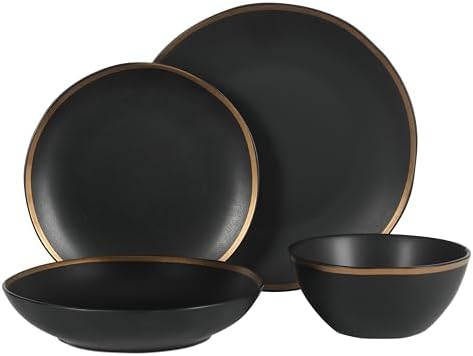 Gibson Elite Kings Road Double Plates and Bowl Organic Round Porcelain Dinnerware Set - Matte Black w/Gold Rim - Image 4