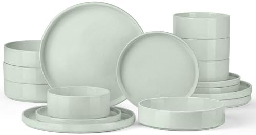 Onader Speckled Dinnerware Set for 4 with Pasta Bowl, 16 Piece Stoneware Plates and Bowls Dishes Set, Microwave & Dishwasher Safe – Pale Sage Green by Onader