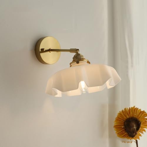 Vintage Milk Glass Wall Sconce Light - Mid Century Flower Design, Hardwired Gold Wall Lamp for Bedroom, Hallway & Living Room, Elegant Home Lighting Decor