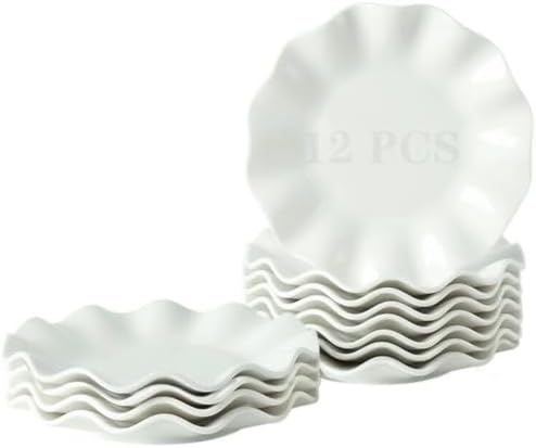 7 Inch Porcelain Small Dinner Plates, Set of 12, White Appetizer Plates, Wave Rim Dessert Salad Plate, Serving Dishes for Cake, Snack, Ice Cream, Waffles, Microwave, Oven, Dishwasher Safe by BABALIU
