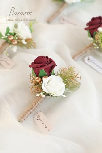 Floroom Set of 6 Burgundy & Ivory Foam Rose Boutonnieres with Pins for Men Wedding for Groom Groomsmen Wedding Ceremonies Anniversaries Formal Dinners Parties Proms - Image 3