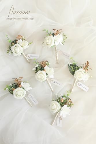 Floroom Set of 6 Ivory Foam Rose Boutonnieres with Pins for Men Wedding for Groom Groomsmen Wedding Ceremonies Anniversaries Formal Dinners Parties Proms White - Image 2