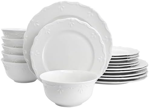 Elama Henryi 18 Piece Embossed Rim Detail Porcelain White Dinnerware Set, Tableware Set, Serveware (18 Piece) by Elama