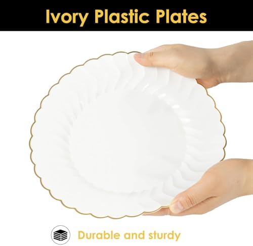 Lullaby 96PCS Ivory Scalloped Plastic Plate with Gold Rim for Party Wedding - Image 3