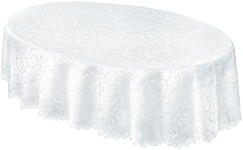 Newbridge Portofino Scalloped Damask Fabric Tablecloth, 60 x 84 Inch Oval, White, Wrinkle and Stain Resistant Fine Dining Holiday Party Table Cover - Image 6